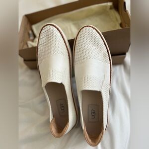 UGG Canvas and leather slip ons. White with tan accents. Size 8.5